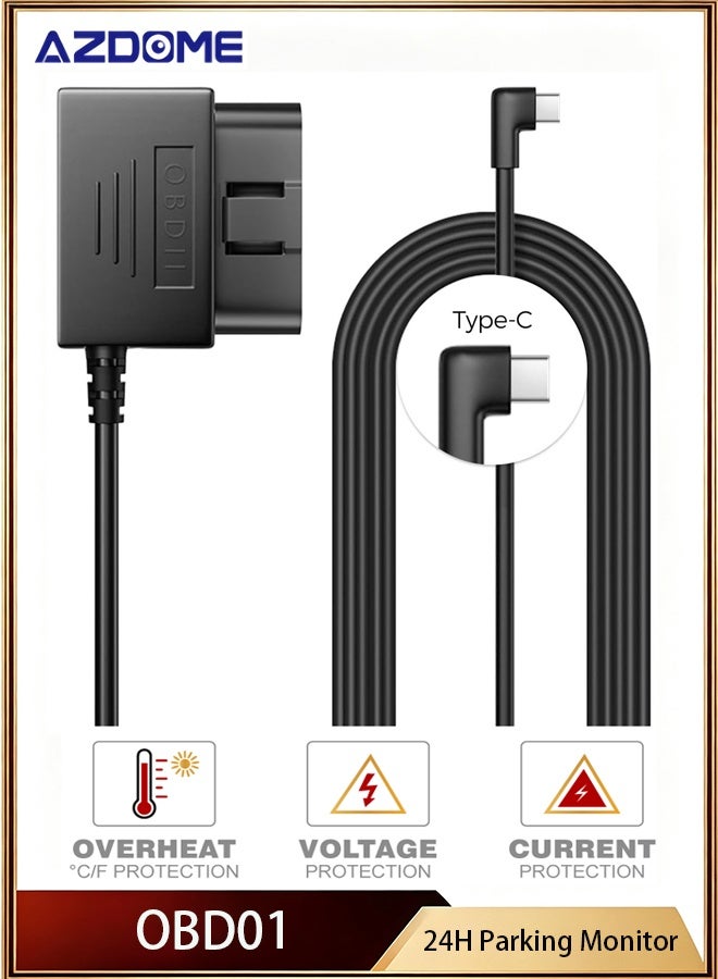 أزدوم طقم التوصيل عبر منفذ OBD لكاميرات السيارة - كابل طويل 11 قدم مع منفذ Type-C، يدعم وضع الانتظار وال حماية من انخفاض الجهد - يحول 12V-24V إلى 5V - Image 1
