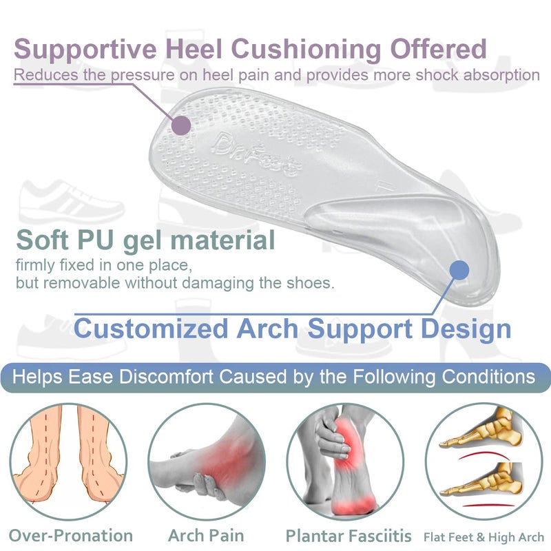 Dr.Foot Arch Support Shoe Inserts for Plantar Fasciitis Relief, Self-Adhesive Arch Pads Heel Cushion for Flats, Heel Pain, Gel Arch Insoles for Men and Women 2 Pairs (Small, Transparent) - Image 5