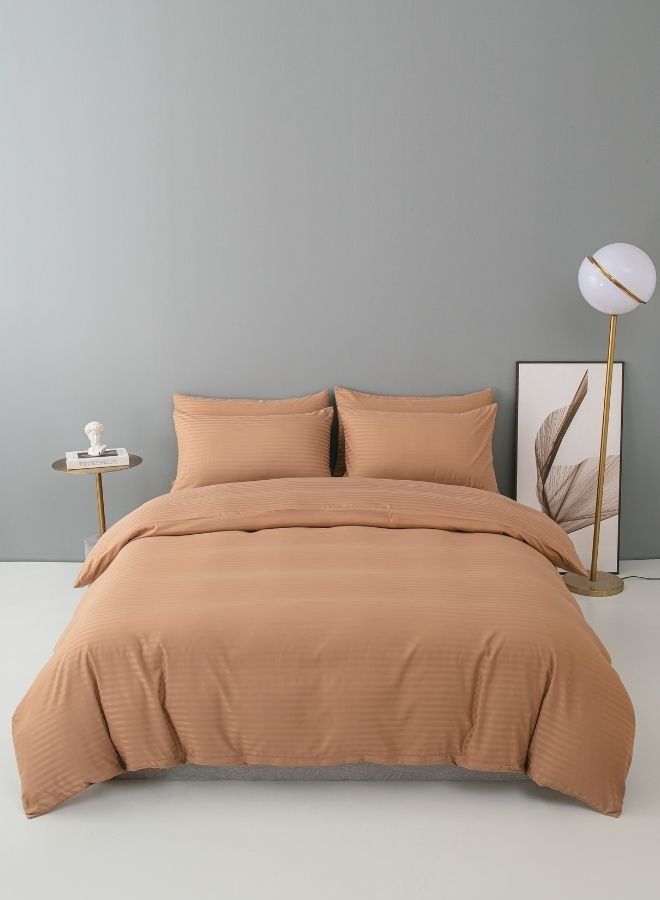Premium 6 Piece King Size Duvet Cover Satin Stripe Solid Brown Tan