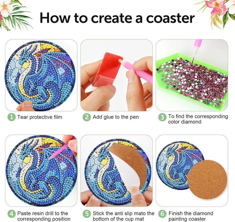 croshom 8 Pcs Diamond Painting Coasters,Dragon Diamond Painting Kits,Dragon Diamond Art Coasters,5D DIY Full Drill Diamond Dots,Diamond Art Kits for Adults Arts and Crafts Supplies - Image 3