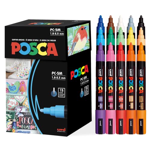 Posca Paint Art Markers Set of 15 5M Medium Posca Markers with Reversible Tips Set of Acrylic Paint Pens for Fabric Metal Glass Rocks Wood and Canvas