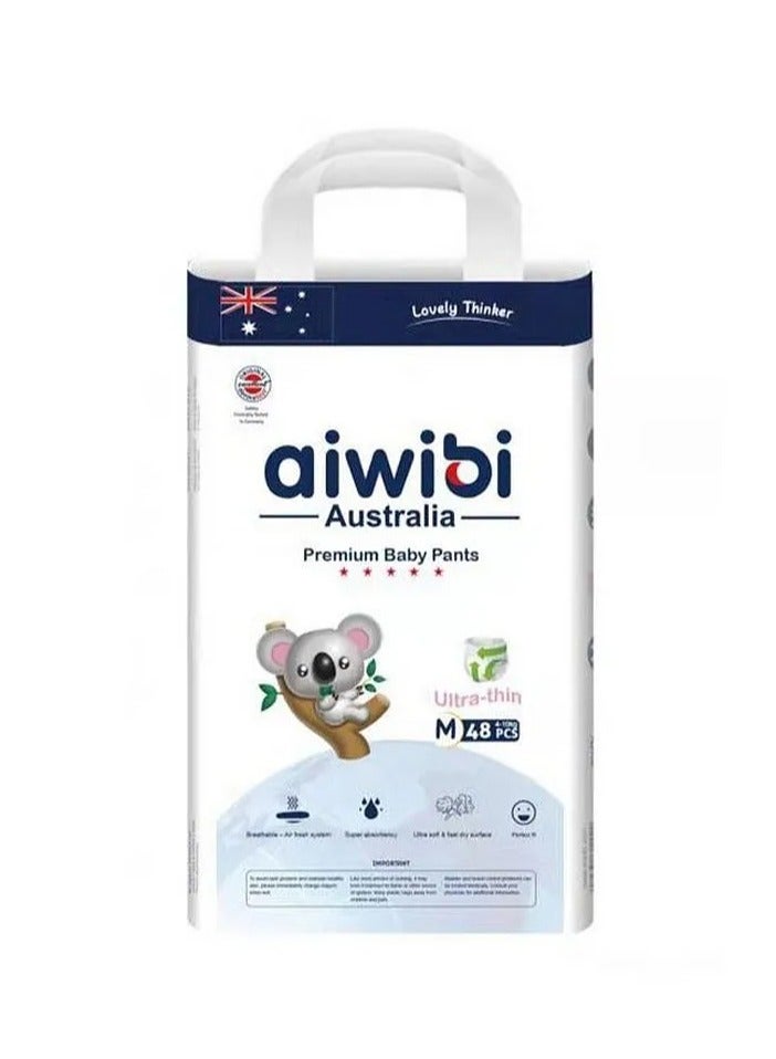 aiwibi حفاضات أطفال أيويبي بريميوم بنمط السروال مقاس 3، حزام خصر مرن ناعم، رفيع للغاية، خالية من المواد الكيميائية، عالية الامتصاص، مانعة للتسرب - 48 قطعة