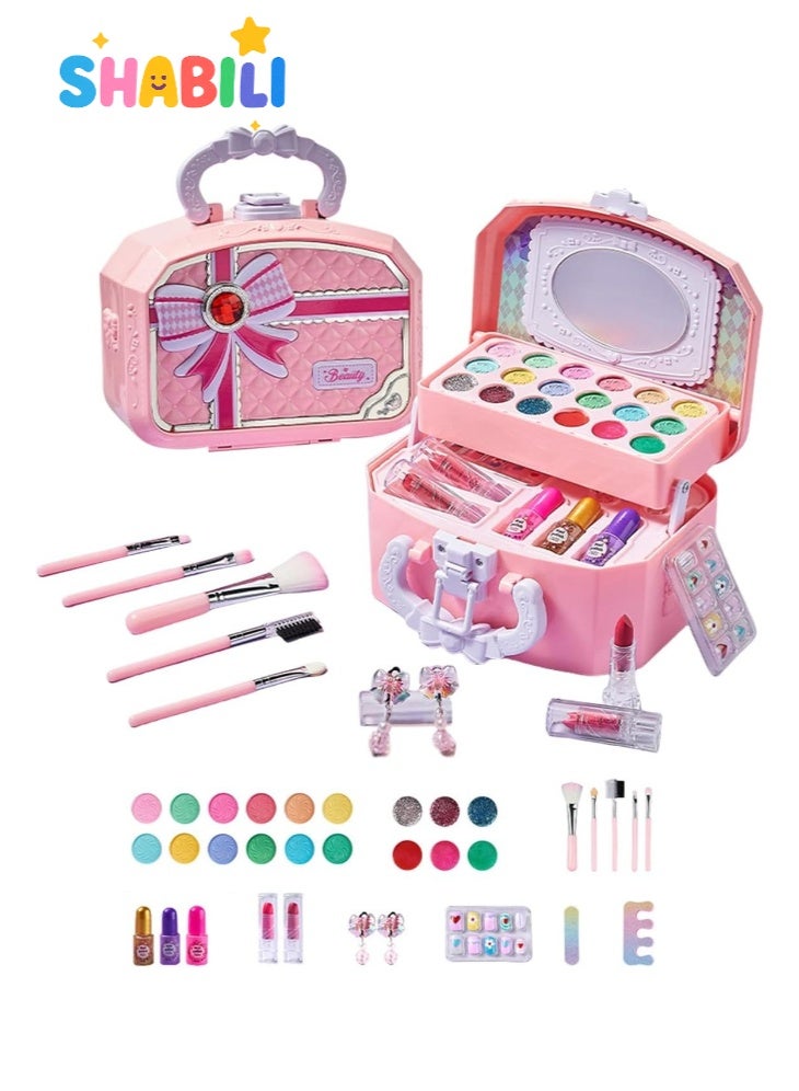 SHABILI Kids Washable Makeup Kit for Girls 3+, Portable 3-Tier Cosmetic Box with Mirror, Non-Toxic Water-Soluble Lipstick Eye Shadow Brushes Nail Polish & Accessories, Safe Dress Up & Pretend Play, Birthday Gifts for Children - Image 1