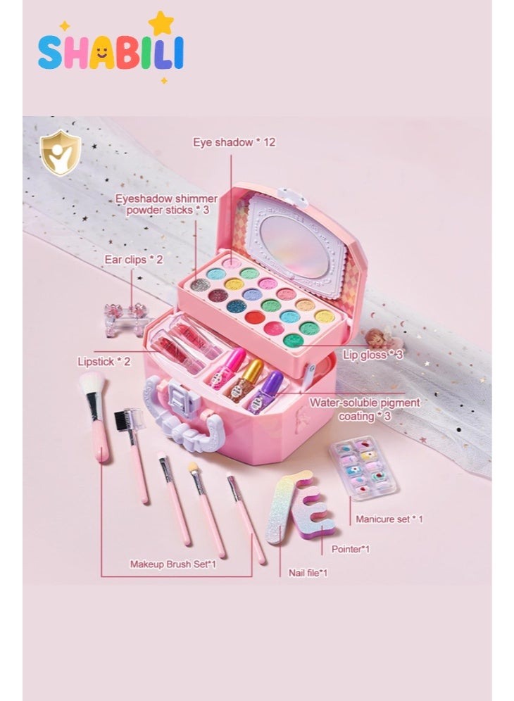 SHABILI Kids Washable Makeup Kit for Girls 3+, Portable 3-Tier Cosmetic Box with Mirror, Non-Toxic Water-Soluble Lipstick Eye Shadow Brushes Nail Polish & Accessories, Safe Dress Up & Pretend Play, Birthday Gifts for Children - Image 2