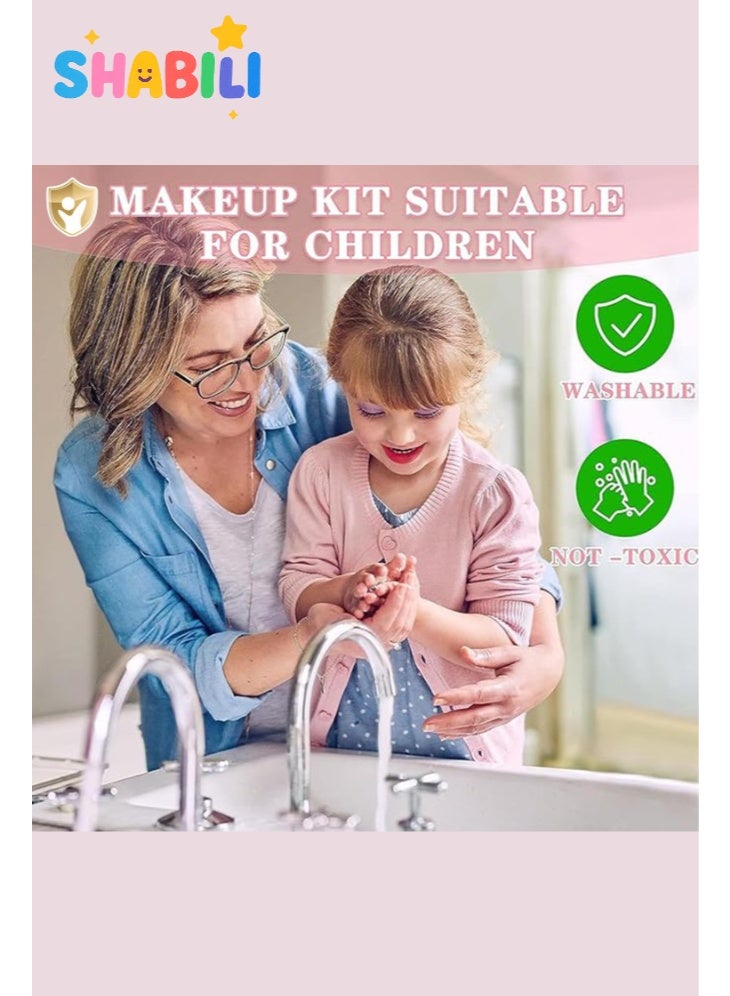 SHABILI Kids Washable Makeup Kit for Girls 3+, Portable 3-Tier Cosmetic Box with Mirror, Non-Toxic Water-Soluble Lipstick Eye Shadow Brushes Nail Polish & Accessories, Safe Dress Up & Pretend Play, Birthday Gifts for Children - Image 5