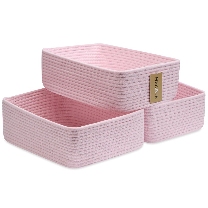 MiniArk Large Shallow Organizing Baskets 15x11x5.1 Inches - Rope Woven Storage Bins for Bathroom, Shelves, Cube Closet, Light Pink 3 Packs - Image 1