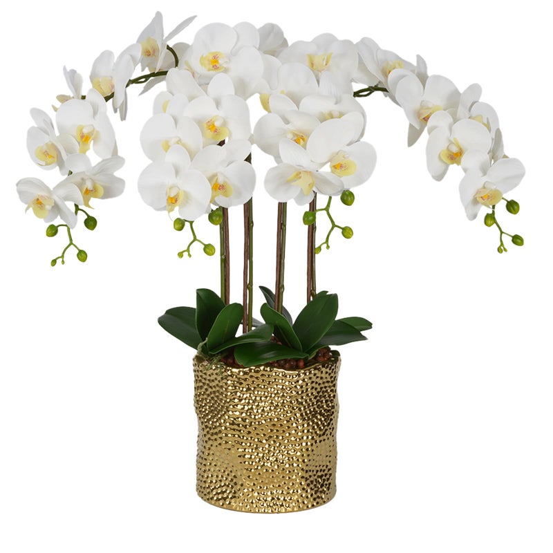 w w W&W Artificial Orchid Plants & Flowers Arrangement in Ceramic Pot, Fake Faux White Orchid with Gold Vase,Extral Large 26 inches - Image 1