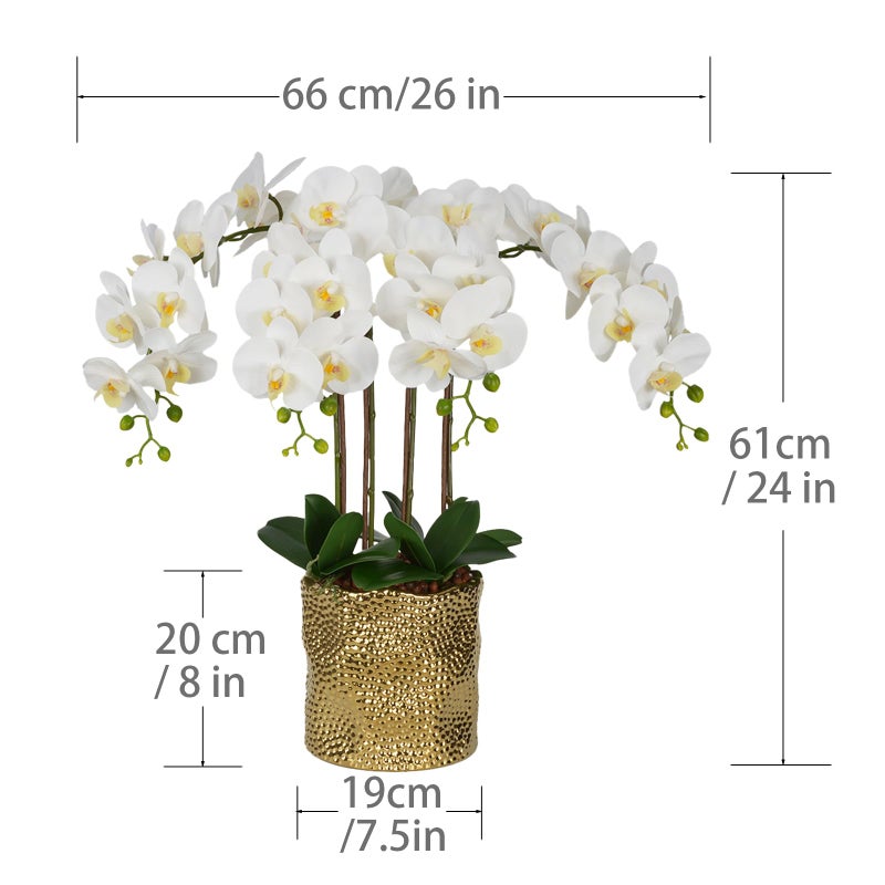 w w W&W Artificial Orchid Plants & Flowers Arrangement in Ceramic Pot, Fake Faux White Orchid with Gold Vase,Extral Large 26 inches - Image 5