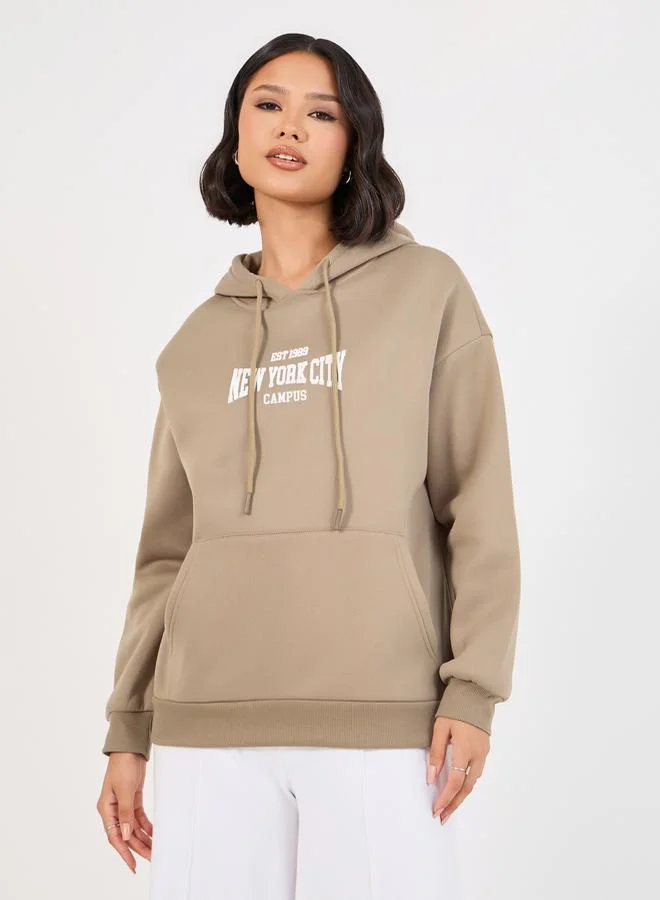 Regular Fit Slogan Print Sweatshirt with Front Pocket