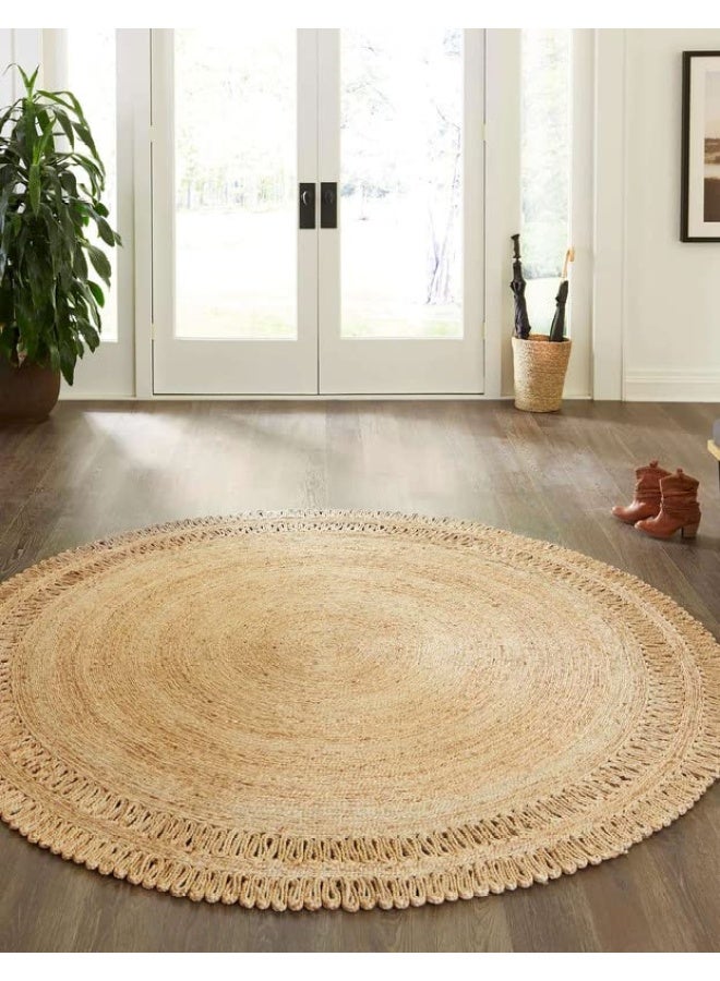 HANDPICKED FURNITURE Jute Wool And Cotton Beige Round Carpet Ultra Soft Area Carpets For Bed Room Living Room And Dining Room Anti-Slip Floor Carpets Easy To Clean Made In Turkey - Image 2