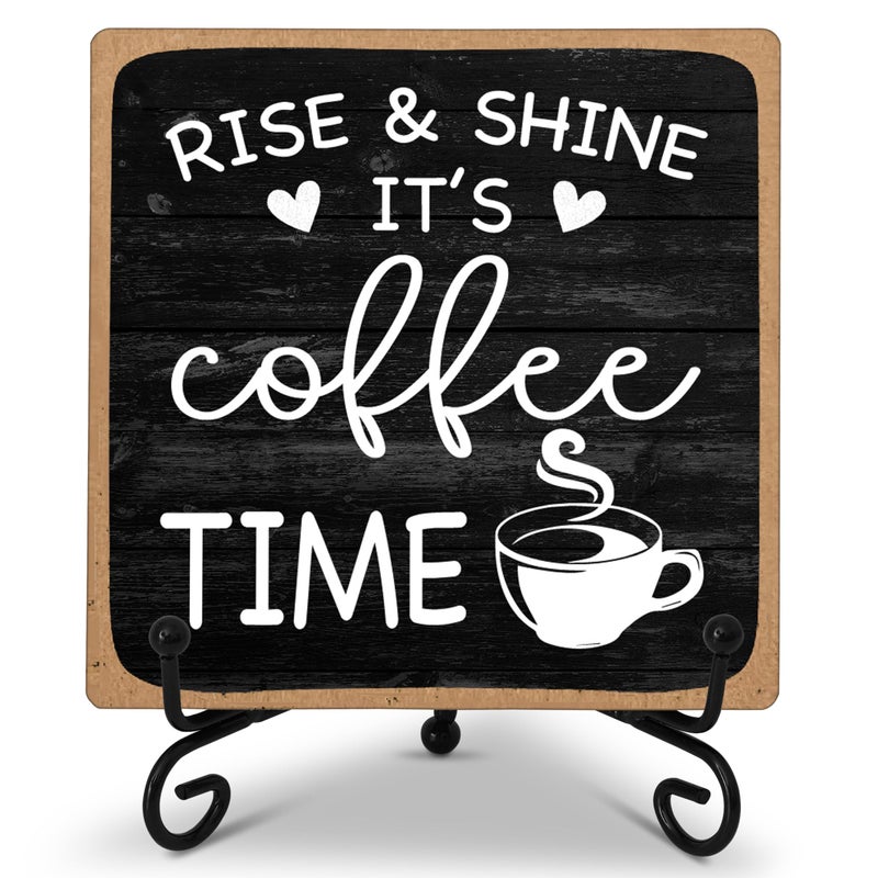 Farmhouse Coffee Bar Sign Rise Shine Its Coffee Time 5x5 Wood Plaque with Stand Gift for Home Kitchen Tabletop Decor B09