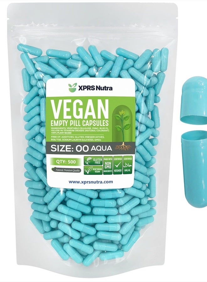 XPRS Nutra Size 00 Empty Capsules - 500 Count Empty Vegan Capsules - Vegetarian Empty Pill Capsules- DIY Vegetable Capsule Filling- Veggie Pill Capsules Empty Caps (Aqua) - Image 1