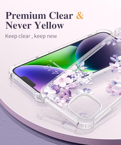GVIEWIN for iPhone 14 Case Floral, with Screen Protector + Camera Lens Protector, [Non Yellowing] Soft Shockproof Clear Phone Protective Cover for Women, Flower Pattern Design 6.1" (Foliolosa/Purple) - Image 3