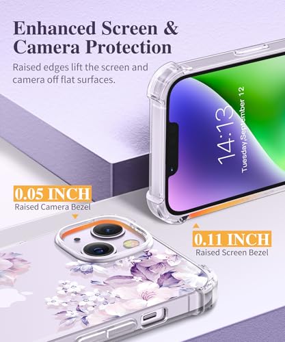 GVIEWIN for iPhone 14 Case Floral, with Screen Protector + Camera Lens Protector, [Non Yellowing] Soft Shockproof Clear Phone Protective Cover for Women, Flower Pattern Design 6.1" (Foliolosa/Purple) - Image 5