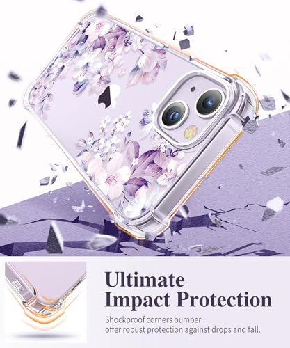 GVIEWIN for iPhone 14 Case Floral, with Screen Protector + Camera Lens Protector, [Non Yellowing] Soft Shockproof Clear Phone Protective Cover for Women, Flower Pattern Design 6.1" (Foliolosa/Purple) - Image 4