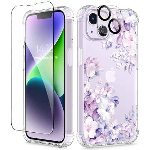 GVIEWIN for iPhone 14 Case Floral, with Screen Protector + Camera Lens Protector, [Non Yellowing] Soft Shockproof Clear Phone Protective Cover for Women, Flower Pattern Design 6.1" (Foliolosa/Purple) - Image 1
