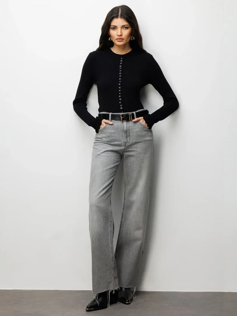 MixRay MIXRAY Ribbed Knit Buttoned Cardigan