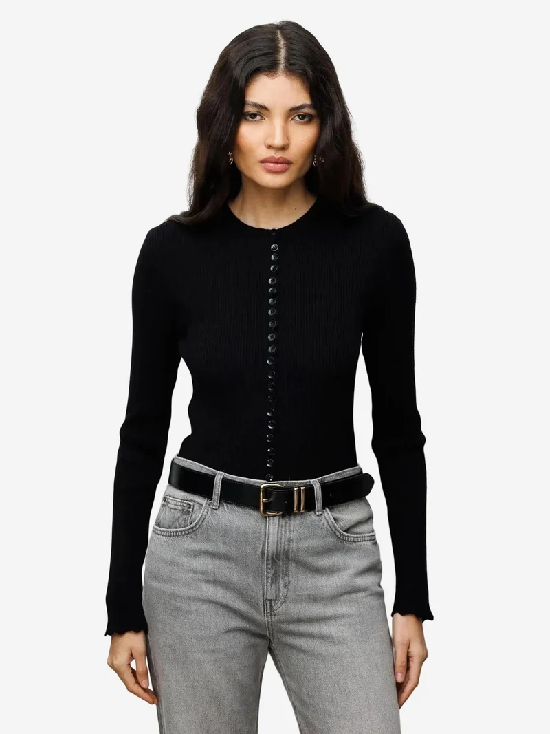 Mixray Black MIXRAY Ribbed Knit Buttoned Cardigan for Women | Best Price UAE