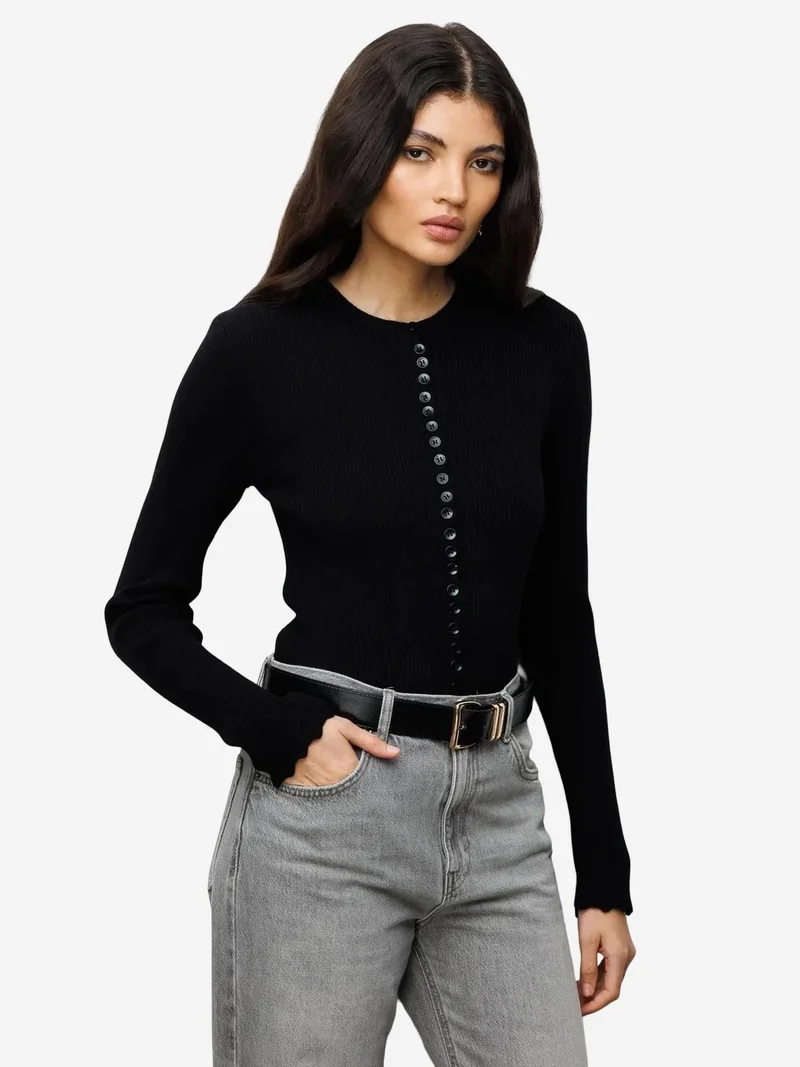 MixRay MIXRAY Ribbed Knit Buttoned Cardigan