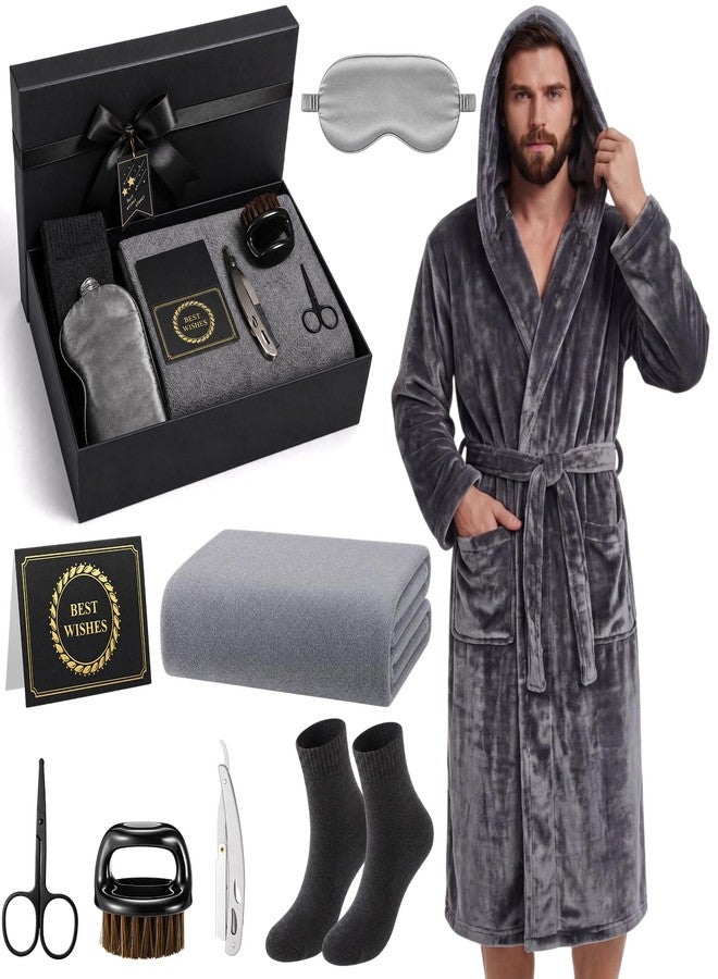 Bunnycool 9 Pcs Birthday Gifts for Men Beard Care Set for Him Father's Gifts Basket Kit Get Well Soon Gift Basket with Hooded Robe, Long Towel, Socks for Dad Grandpa Husband Boyfriend(Dark Grey - Image 1