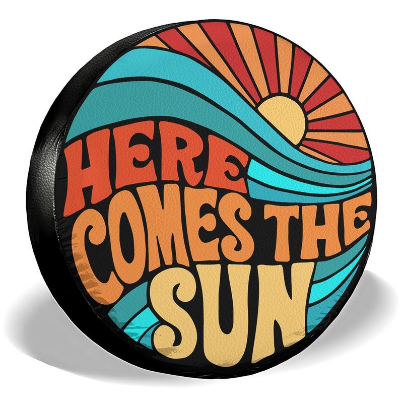 GENANY Hippie Here Comes The Sun Size 16 Premium PVC Leather Spare Tire Cover Universal Fit Tire Cover for Trailer RV Camper Waterproof Tire Cover for Trailer Jeep Tire Cover with No Camera Hole