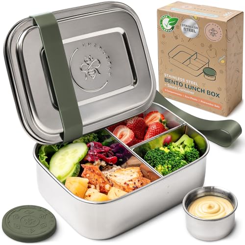 Everusely - Bento Box - Sage, 27oz / 0.8 L - Stainless Steel Lunch Box with Leakproof Condiment Container - 3 Compartment Snack Organizer for On the Go Meals - Freezer & Dishwasher Safe - Image 1