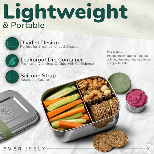 Everusely - Bento Box - Sage, 27oz / 0.8 L - Stainless Steel Lunch Box with Leakproof Condiment Container - 3 Compartment Snack Organizer for On the Go Meals - Freezer & Dishwasher Safe - Image 4