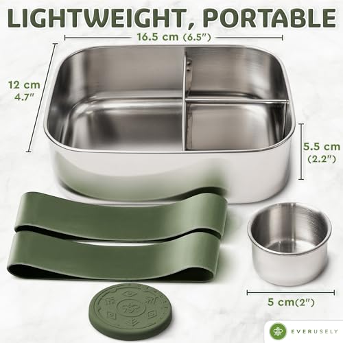 Everusely - Bento Box - Sage, 27oz / 0.8 L - Stainless Steel Lunch Box with Leakproof Condiment Container - 3 Compartment Snack Organizer for On the Go Meals - Freezer & Dishwasher Safe - Image 2
