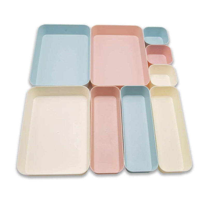 Backerysupply 9 Piece Set Large Size Plastic Desk Drawer Organizers For Makeup Bathroom Office Kitchen Three Colors