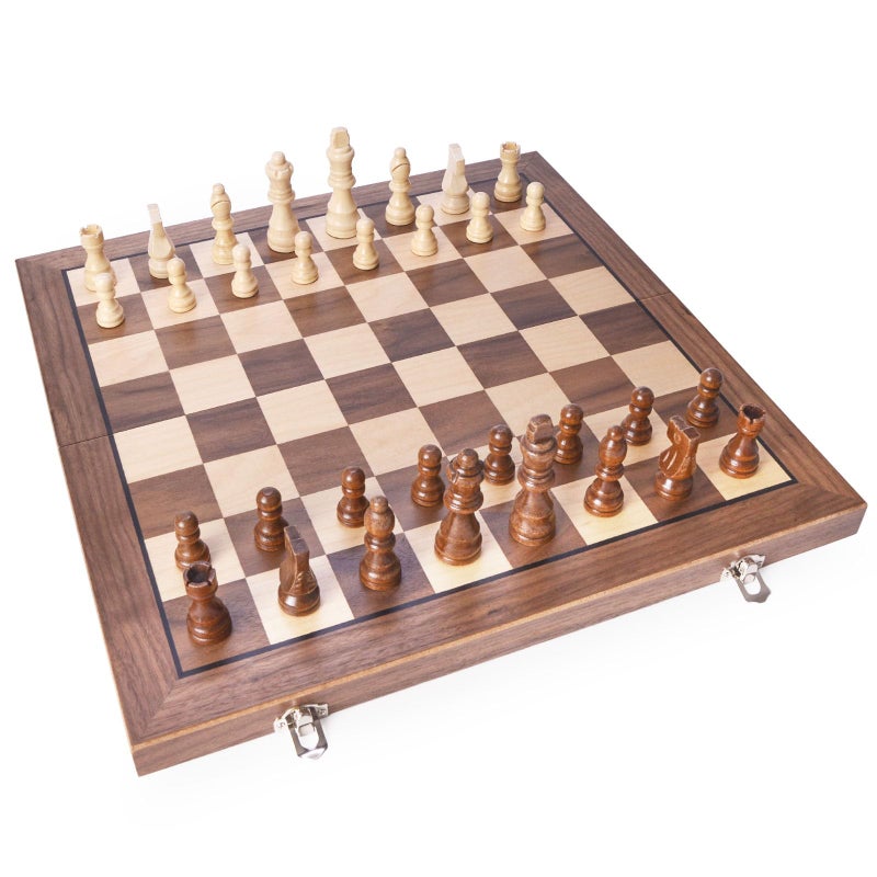 AMEROUS 15 Inches Magnetic Wooden Chess Set with 2 Extra Queens/Folding Board/Chess Pieces Storage Slots/Instructions, Portable Travel Chess Game for Beginner/Classic Board Game - Image 3