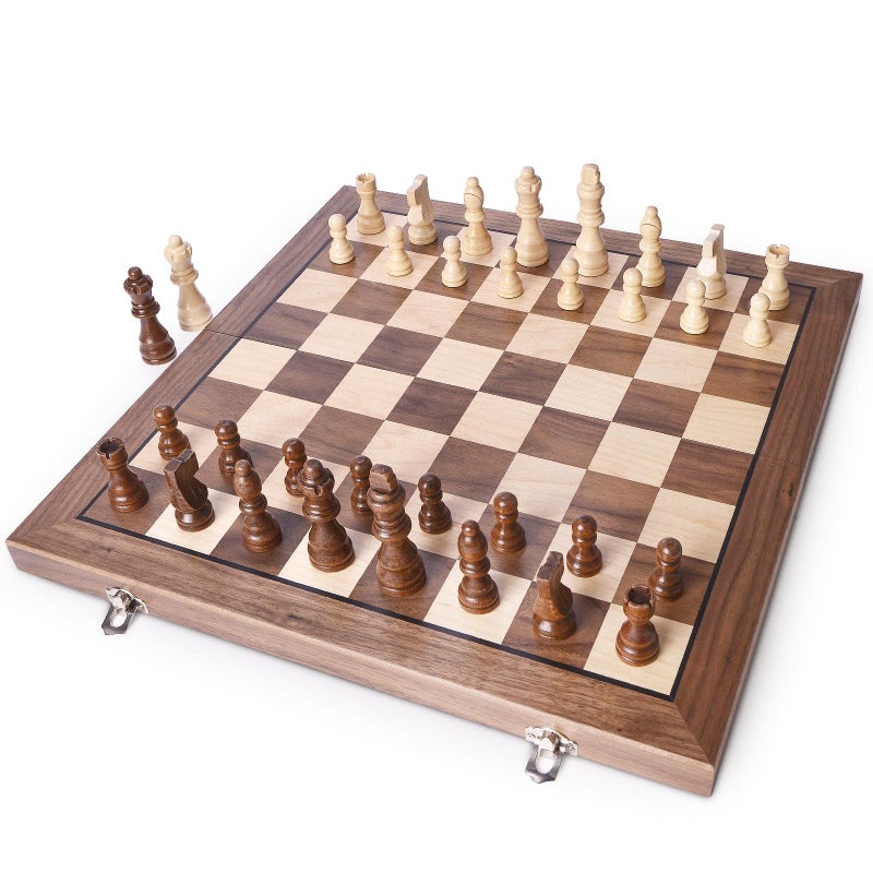 AMEROUS 15 Inches Magnetic Wooden Chess Set with 2 Extra Queens/Folding Board/Chess Pieces Storage Slots/Instructions, Portable Travel Chess Game for Beginner/Classic Board Game - Image 2