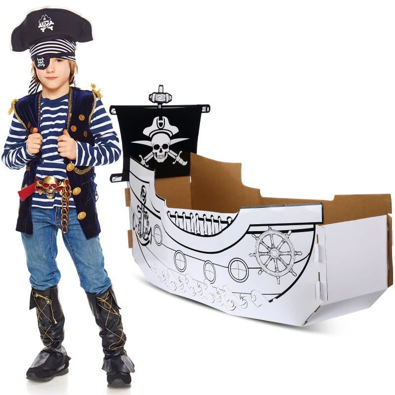 Eaasty Coloring Pirate Ship Cardboard Boat Playhouse for Kids Crafts DIY Large Kids Outdoor Playhouse Toy for Toddlers to Color Pirate Halloween Party Decorations - Image 2