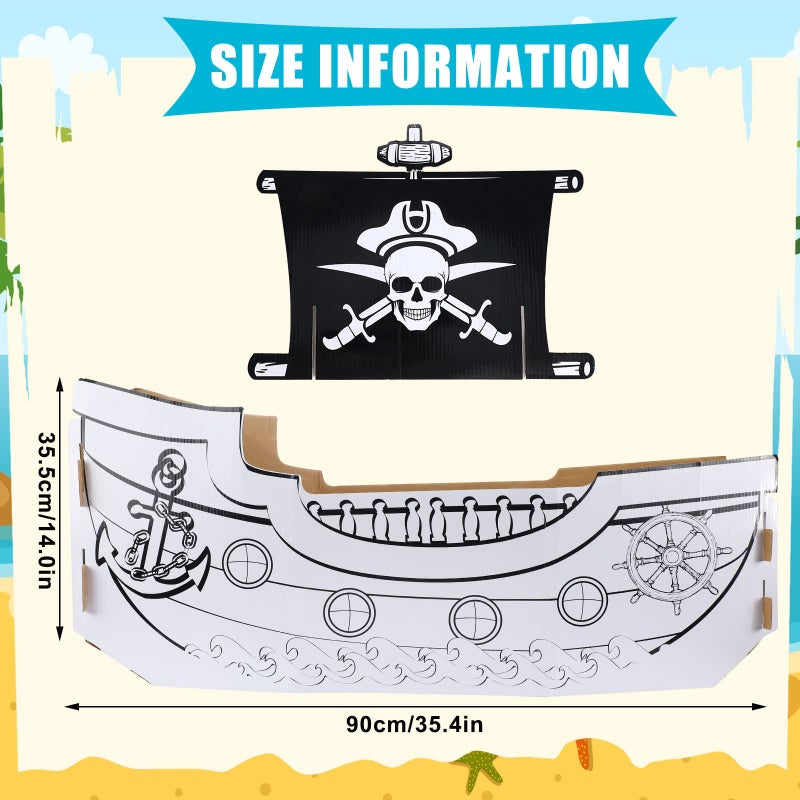 Eaasty Coloring Pirate Ship Cardboard Boat Playhouse for Kids Crafts DIY Large Kids Outdoor Playhouse Toy for Toddlers to Color Pirate Halloween Party Decorations - Image 3