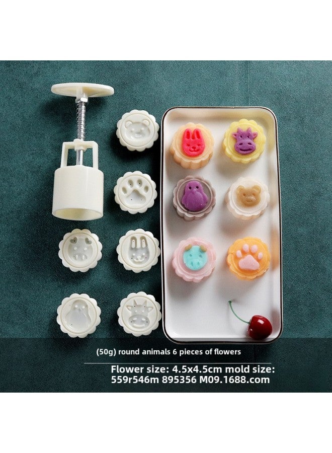 Mooncake Mold Household Non-stick Mung Bean Cake Model Printing Tool Embossed Ice-skin Snack Pastry Flow Heart Baking Grinding Tool-Color:50g Round Animal (6 Pieces)  - Image 1