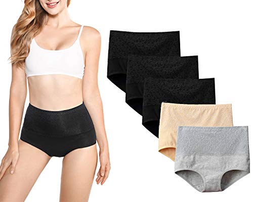 Kinyanco High Waist Tummy Control Panties for Women, Cotton Underwear No Muffin Top Shapewear Brief Panties (5 Pack-Black+grey+beige, Small) - Image 5