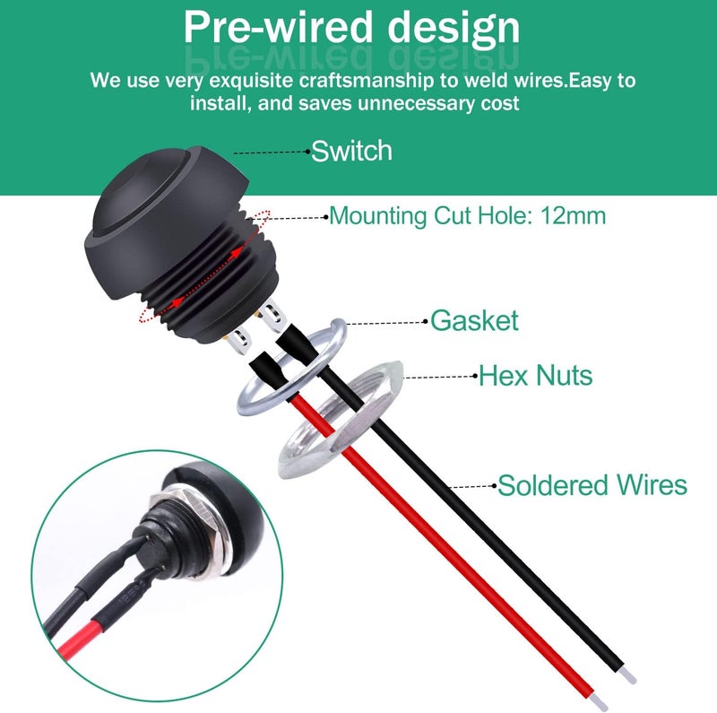 Twidec /6Pcs 12mm Momentary Push Button Switch 1/2" Mounting Hole On Off Mini Round Waterproof Black with Pre-soldered Wires PBS-33B-BK-X - Image 3