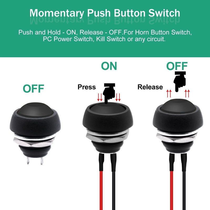 Twidec /6Pcs 12mm Momentary Push Button Switch 1/2" Mounting Hole On Off Mini Round Waterproof Black with Pre-soldered Wires PBS-33B-BK-X - Image 4