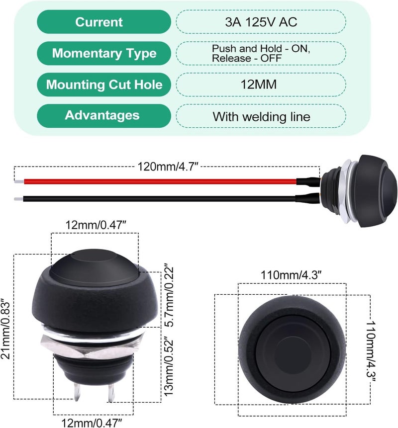 Twidec /6Pcs 12mm Momentary Push Button Switch 1/2" Mounting Hole On Off Mini Round Waterproof Black with Pre-soldered Wires PBS-33B-BK-X - Image 2