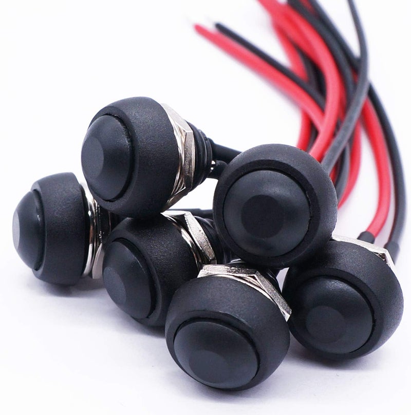 Twidec /6Pcs 12mm Momentary Push Button Switch 1/2" Mounting Hole On Off Mini Round Waterproof Black with Pre-soldered Wires PBS-33B-BK-X - Image 1