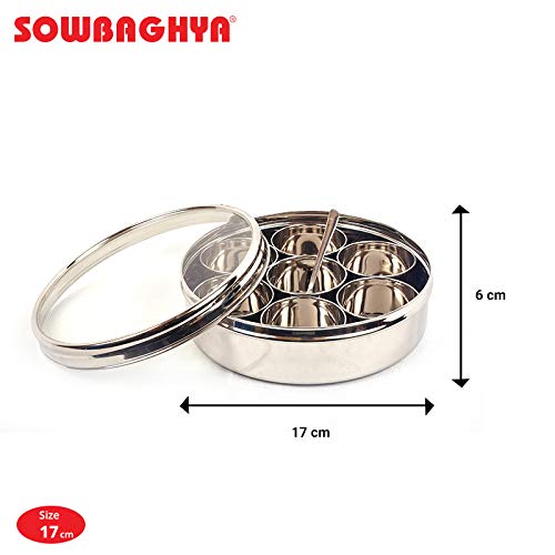 Sowbaghya Stainless Steel Masala Box with 7 Containers and Spoon (Small, 17 cm Diameter) - Image 3