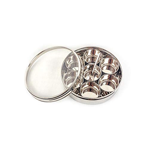 Sowbaghya Stainless Steel Masala Box with 7 Containers and Spoon (Small, 17 cm Diameter) - Image 1