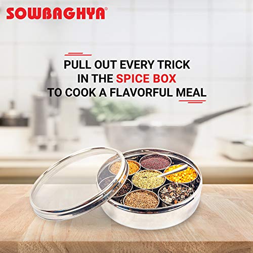 Sowbaghya Stainless Steel Masala Box with 7 Containers and Spoon (Small, 17 cm Diameter) - Image 5