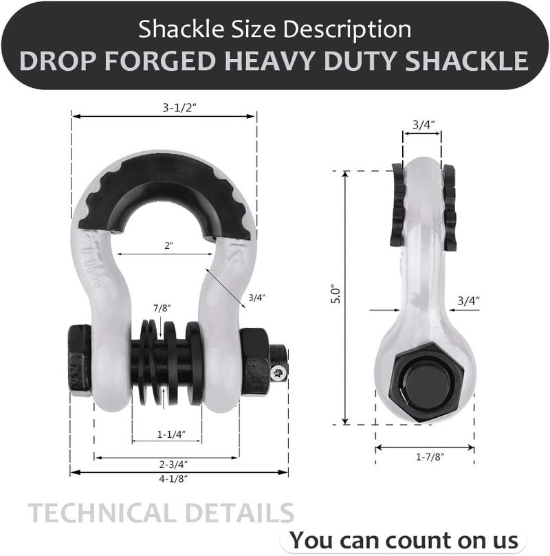 AMBULL Shackles 3/4" D Ring Shackle (2 Pack) 45,000lb Break Strength with 7/8" Pin, Anti Theft Security Screws, Isolator & Washer Kits for Use with Tow Strap Winch Truck Vehicle Recovery, White - Image 3