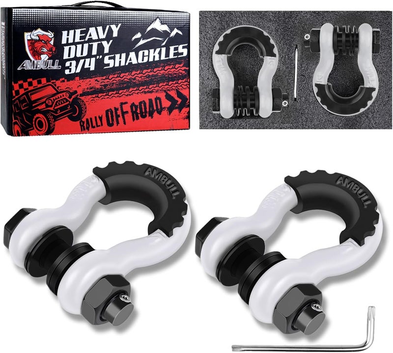 AMBULL Shackles 3/4" D Ring Shackle (2 Pack) 45,000lb Break Strength with 7/8" Pin, Anti Theft Security Screws, Isolator & Washer Kits for Use with Tow Strap Winch Truck Vehicle Recovery, White - Image 1