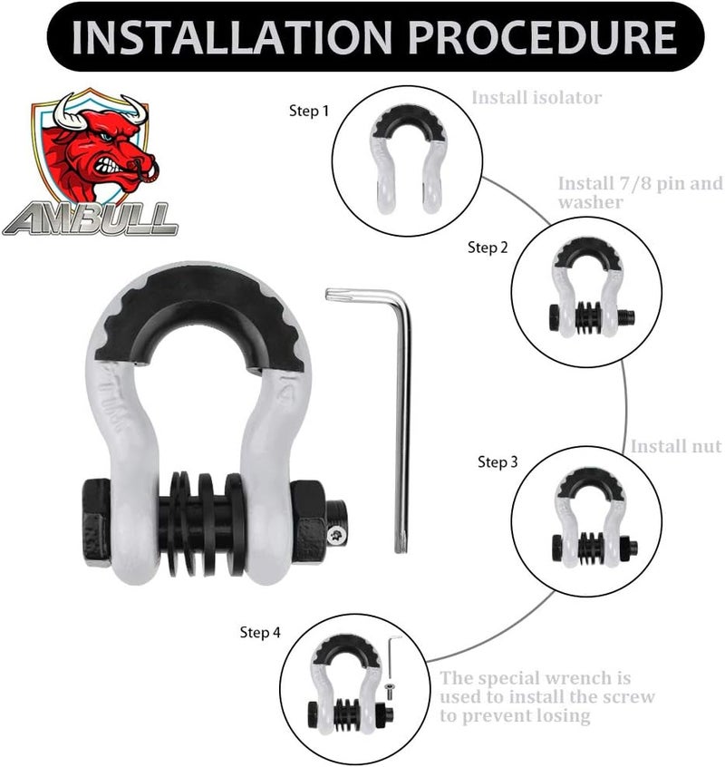 AMBULL Shackles 3/4" D Ring Shackle (2 Pack) 45,000lb Break Strength with 7/8" Pin, Anti Theft Security Screws, Isolator & Washer Kits for Use with Tow Strap Winch Truck Vehicle Recovery, White - Image 4