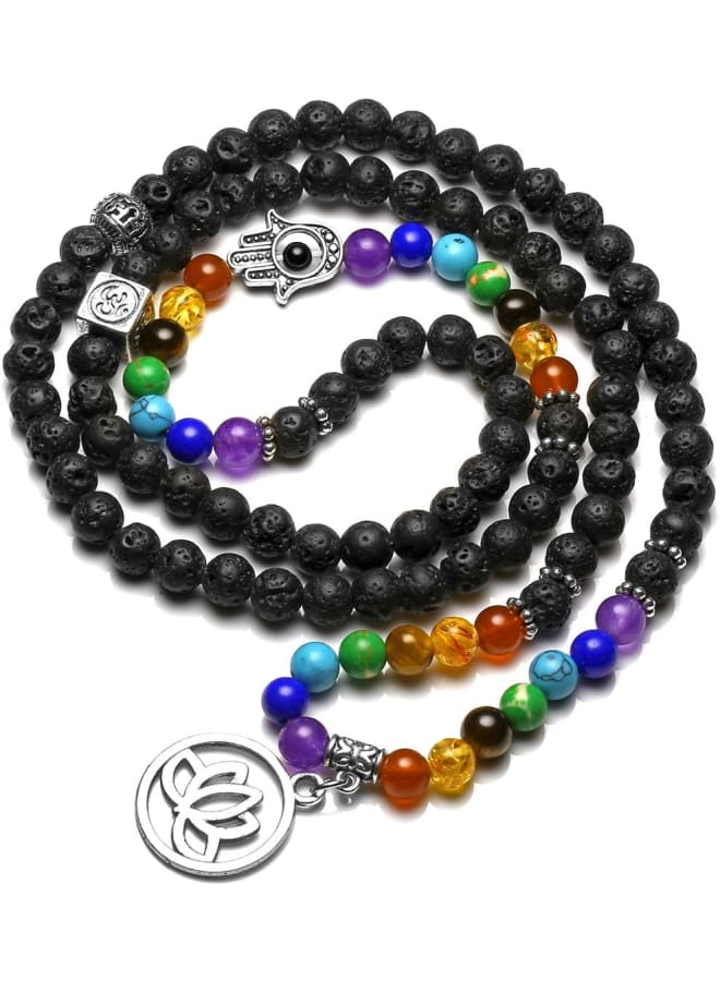 108 Mala Beads Prayer Meditation Necklace,Natural 7 Chakra Lava Rock Stone Bead Essential Oil Diffuser Wrap Bracelet Lotus OM Symbol Lucky Charms Jewellery  - Image 2