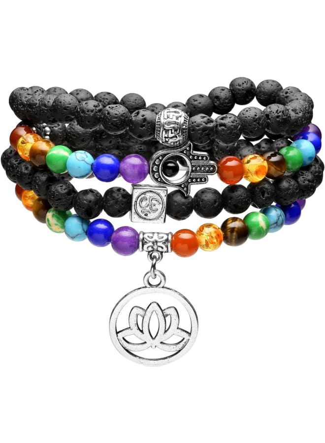 108 Mala Beads Prayer Meditation Necklace,Natural 7 Chakra Lava Rock Stone Bead Essential Oil Diffuser Wrap Bracelet Lotus OM Symbol Lucky Charms Jewellery  - Image 1