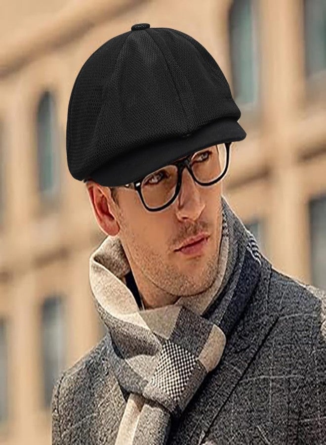 Taidor Hollow Mesh Octagonal Hat Men's Summer Newsboy Cap Breathable Adjustable Beret Ivy Cap Irish Cabbie Driving Fishing Hats Black - Image 2