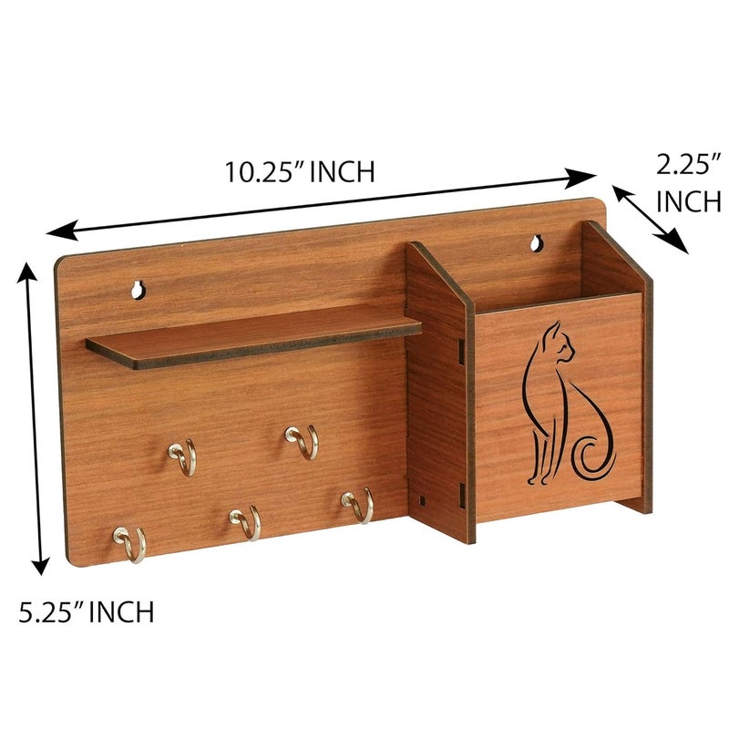 Webelkart Home Side ShelfBrown Wall Wooden Shelf Keyholder with 5 Keys Hooks - Image 3