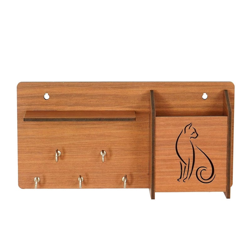 Webelkart Home Side ShelfBrown Wall Wooden Shelf Keyholder with 5 Keys Hooks - Image 5